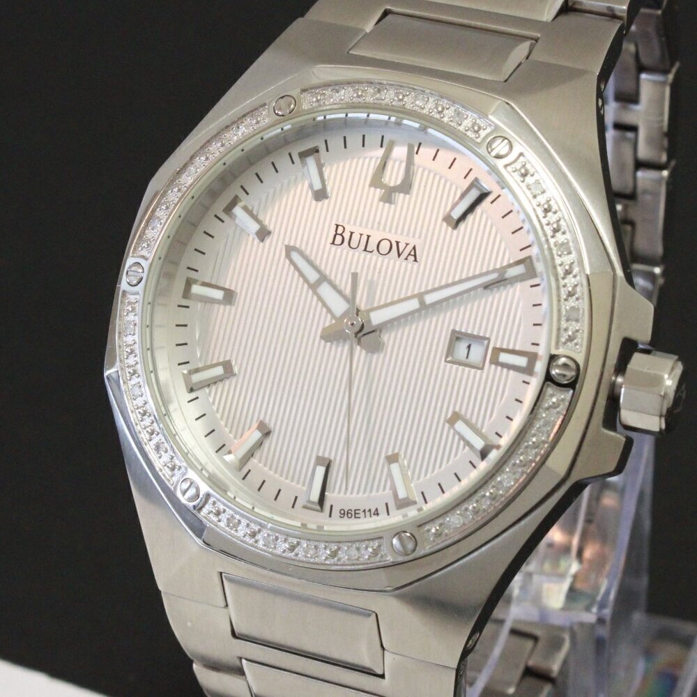 Bulova Men's Watch Diamond-Accent Bezel Integrated Bracelet Silver Textured Dial - Picture 10 of 15